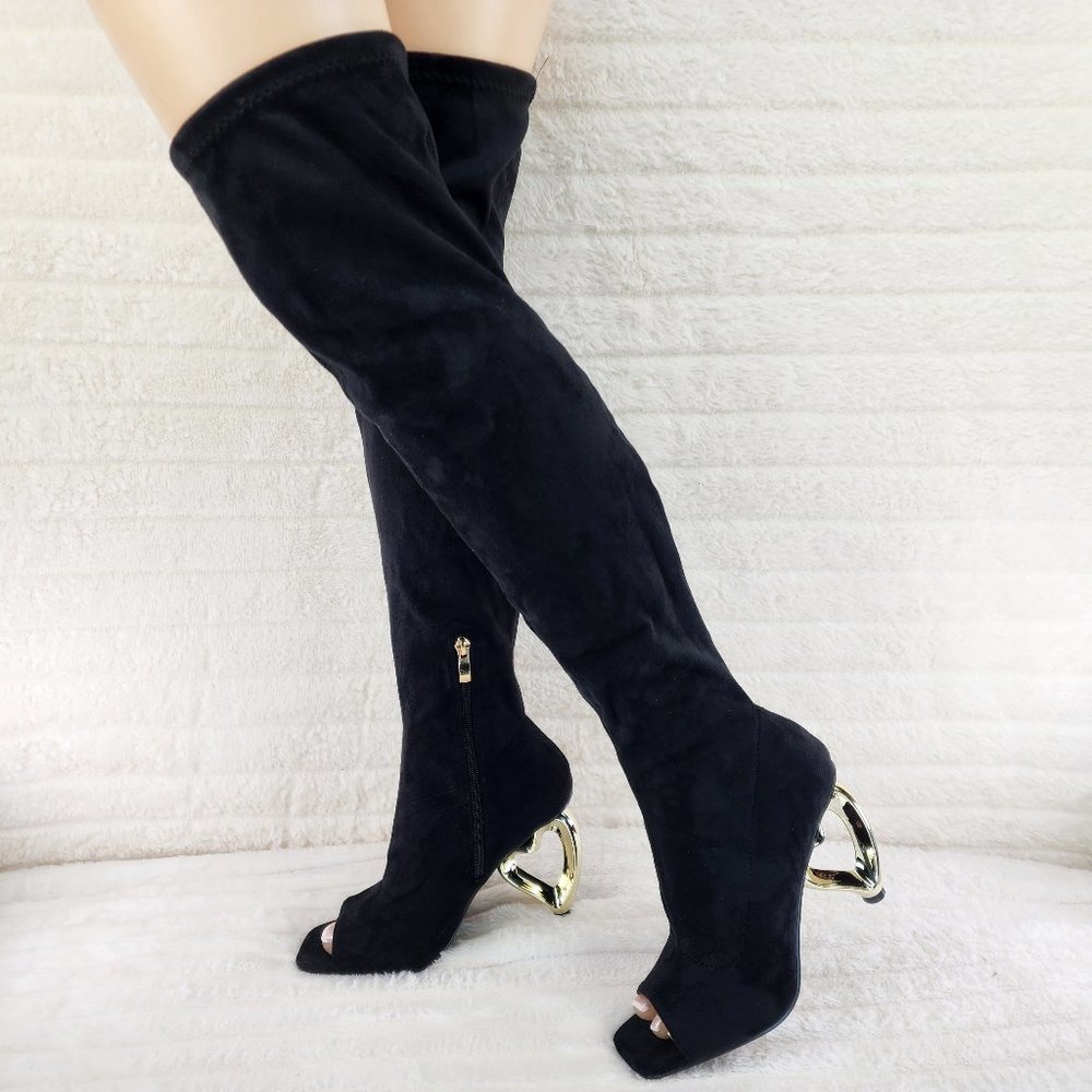 Yoki Black Over-the-Knee Open Toe Suede Boots with Gold Sculpted Heel